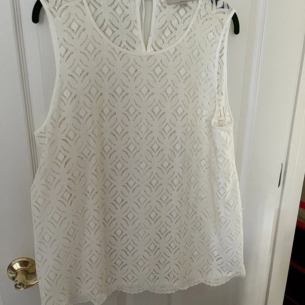 Loft Sleeveless Lace A-Line Top, Tie Neck, Scalloped Lace Hem Size XL